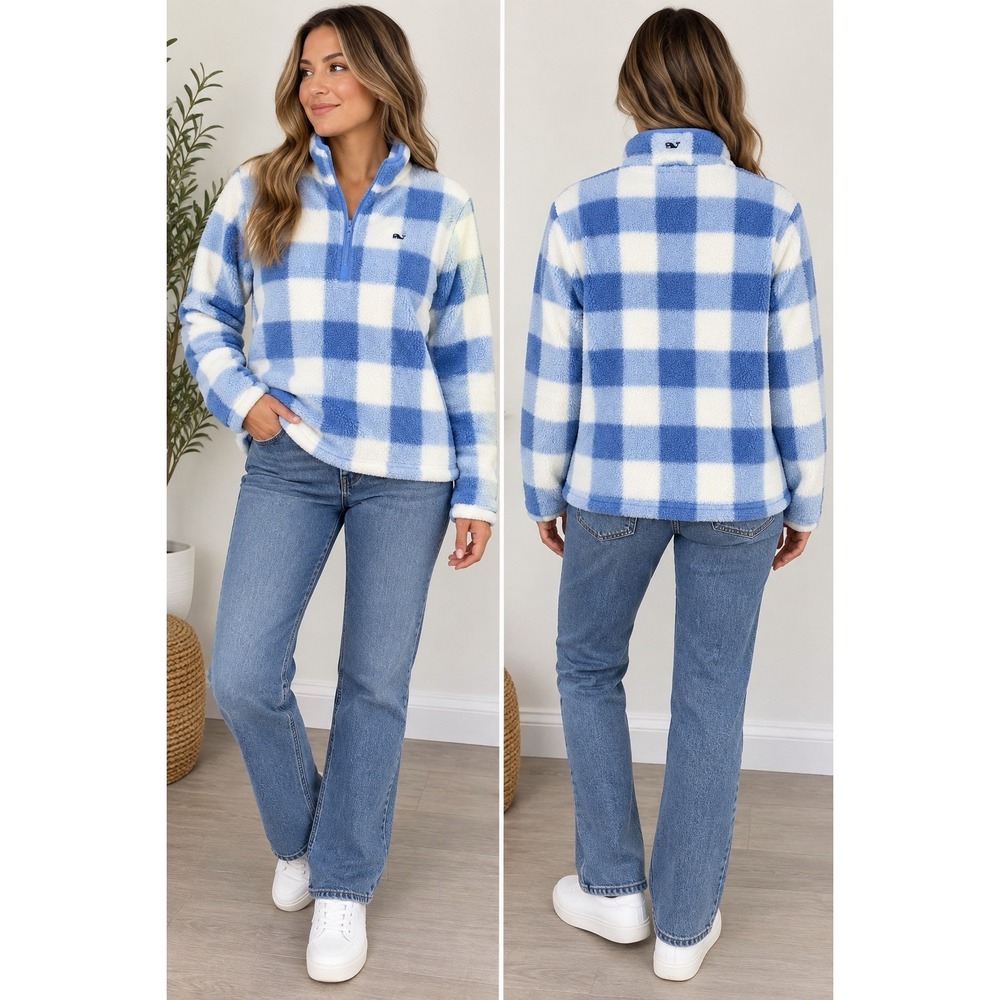 Vineyard Vines Sherpa Fleece Pullover L Blue Plaid Check Quarter Zip Cozy
